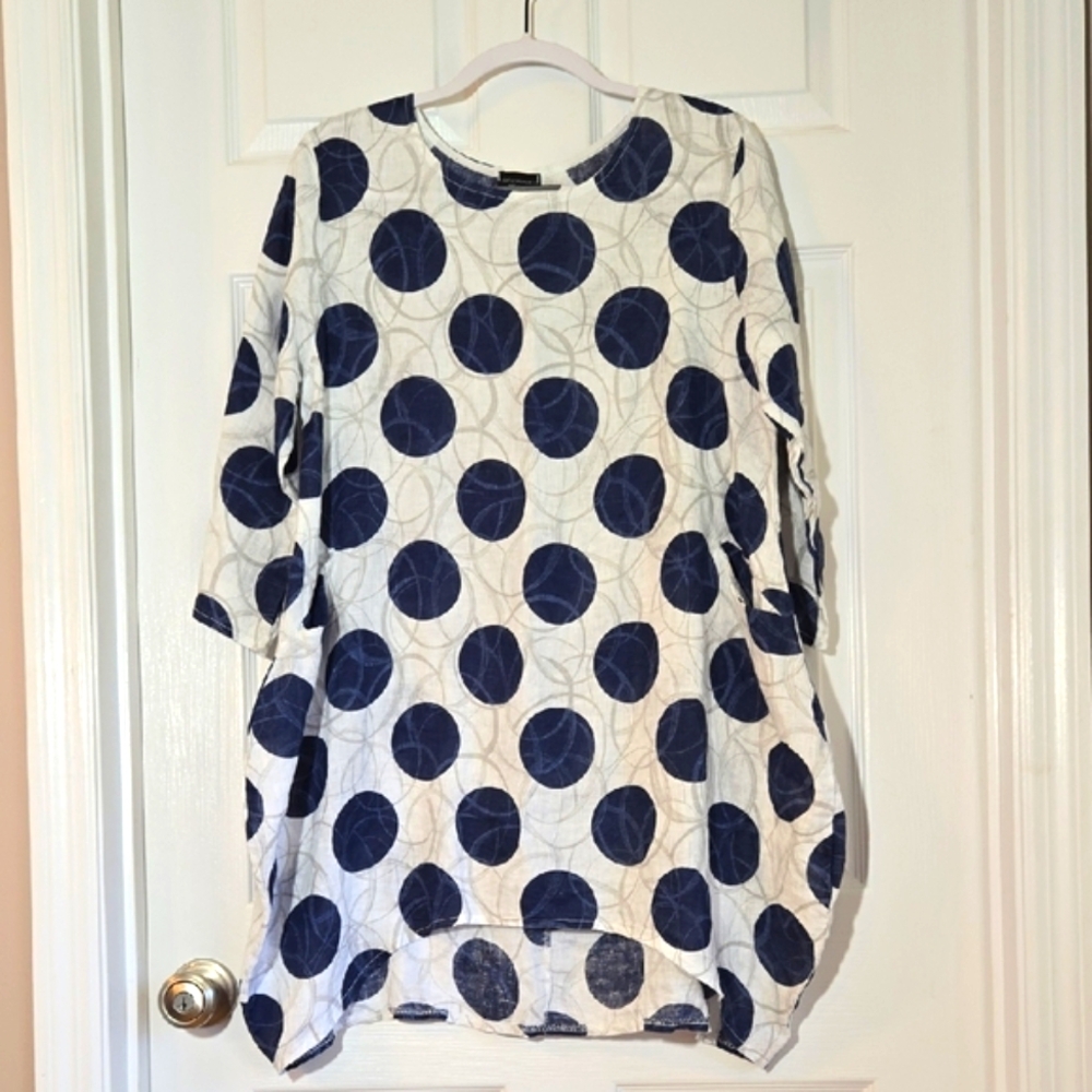 Luca Vanucci White Navy Circle Pattern Linen Tunic Size Medium
